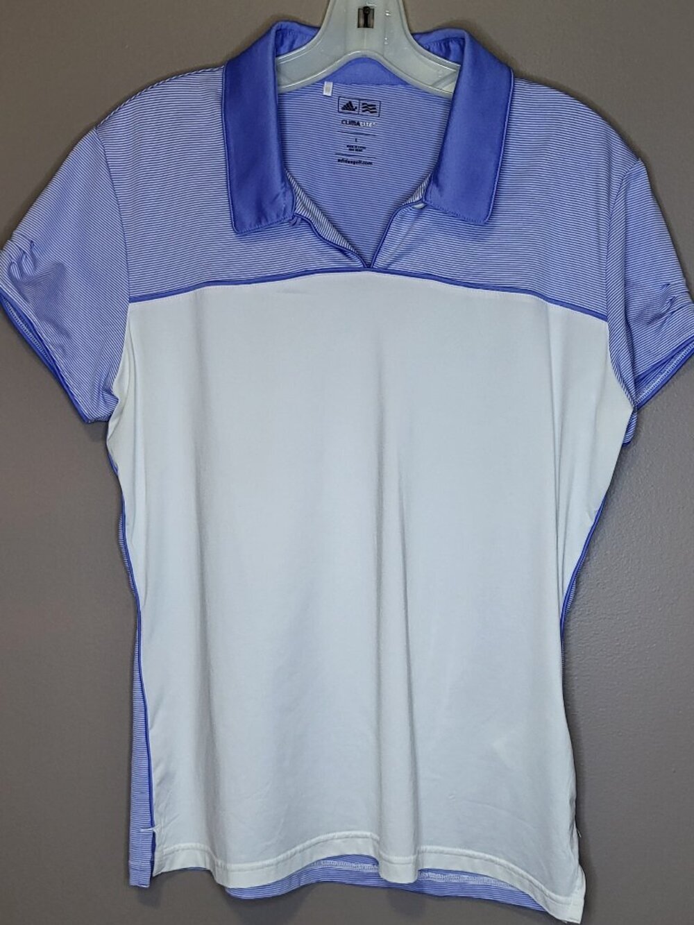 Adidas Climalite Golf Polo Shirt Women's Large Blue White Striped Short Sleeve